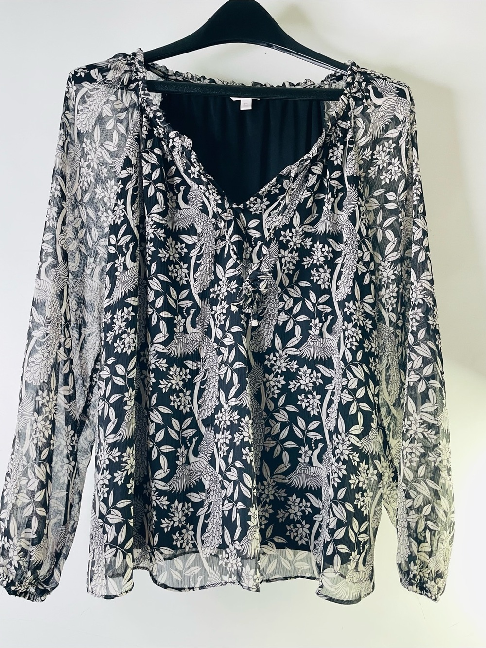 LC Lauren Conrad Black Sheer Blouse with White Botanical & Bird Print